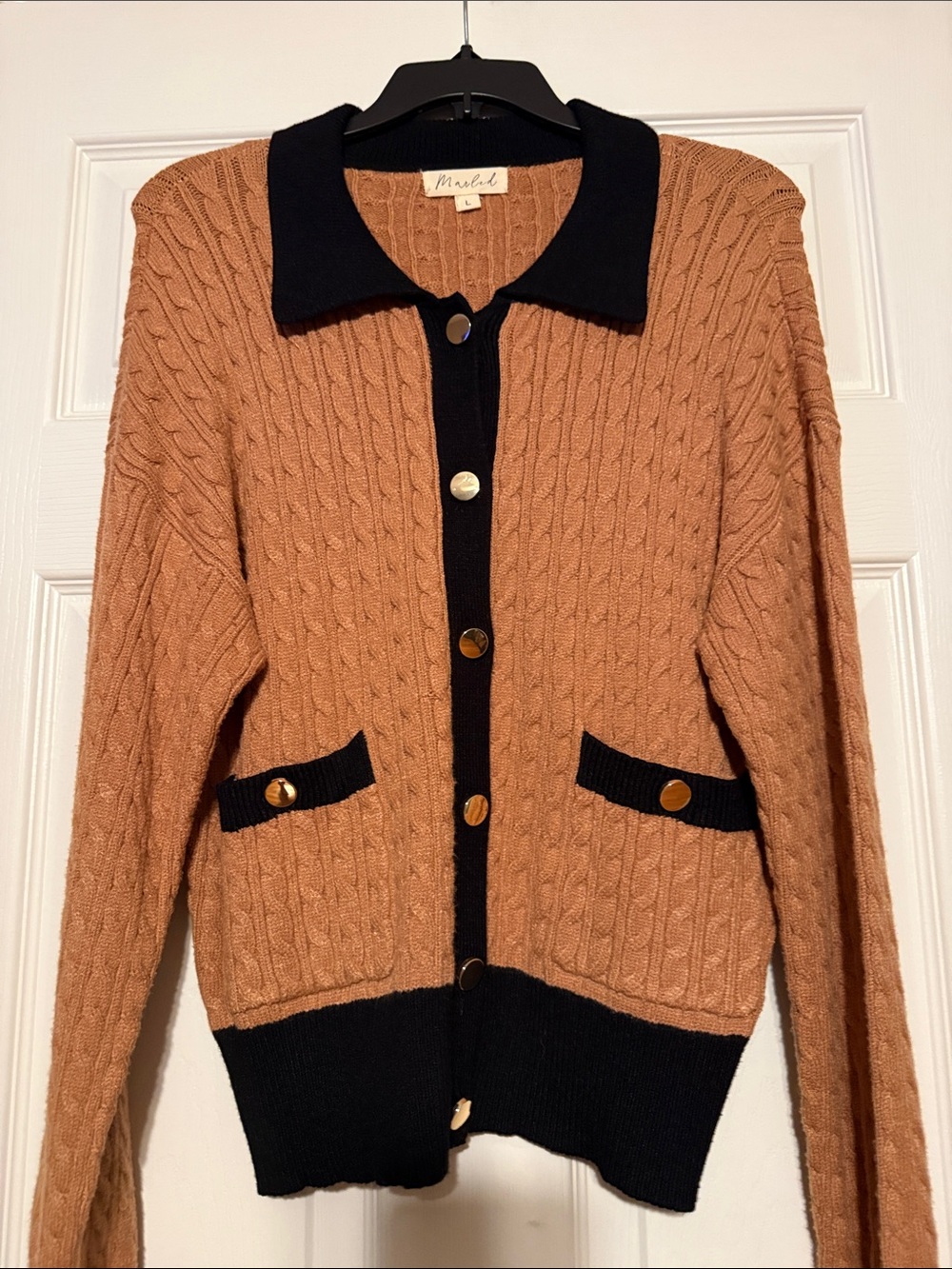 Marled Camel Cable-Knit Cardigan with Black Trim